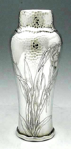 Tiffany antique sterling silver iris etched vase and hammered surface